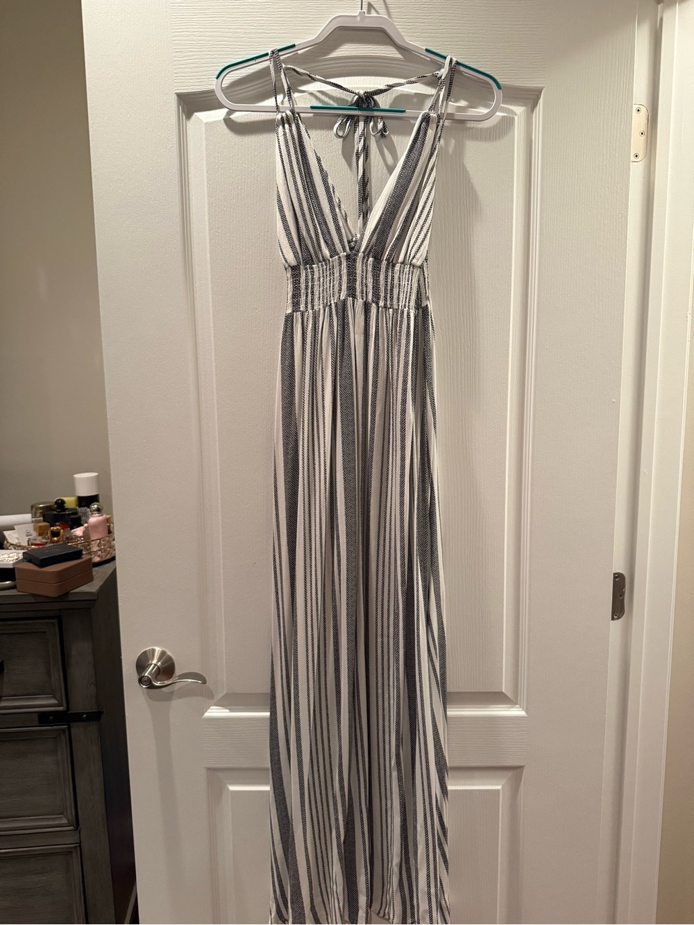 Guess Black and White Striped Halter Maxi Dress